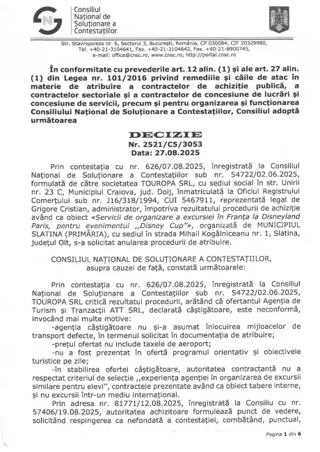 Foto Ilegalităţile făcute de De Mezzo în licitația pentru excursia la Disneyland. Ce spune decizia CNSC (document)