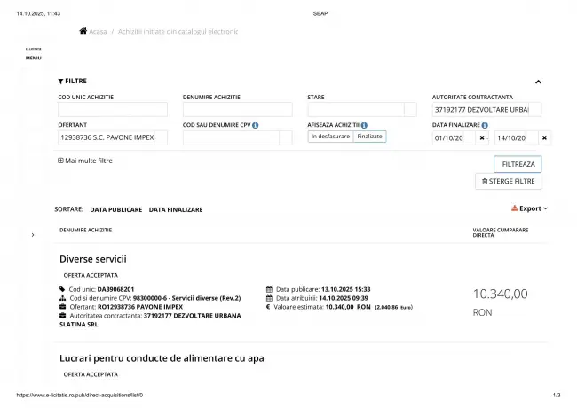 Foto Dezvoltare Urbană Slatina, contracte în valoare de aproape 70.000 euro atribuite direct aceleiaşi firme, în doar 14 zile