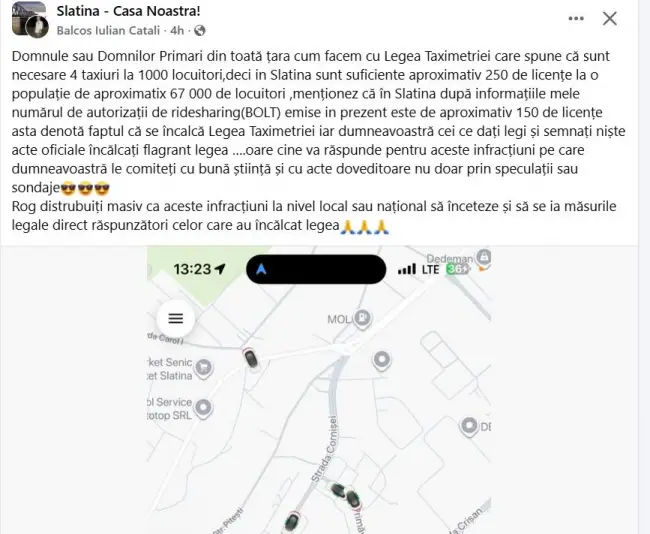 Foto Taximetriştii din Slatina acuză încălcarea Legii Taximetriei şi arată cu degetul spre primarul De Mezzo: „În oraş sunt prea multe licenţe Bolt”