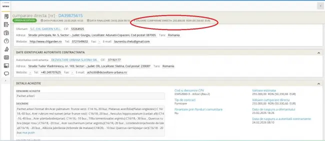 Foto Dezvoltare Urbană Slatina cumpără arbori de peste 50.000 euro de la o firmă înfiinţată în ianuarie 2026 şi controlată de un liberal