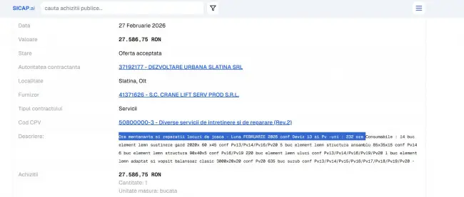 Foto Firma Primăriei Slatina, Dezvoltare Urbană, factură pentru 232 de „ore mentenanţă şi reparaţii locuri de joacă - luna februarie 2026”
