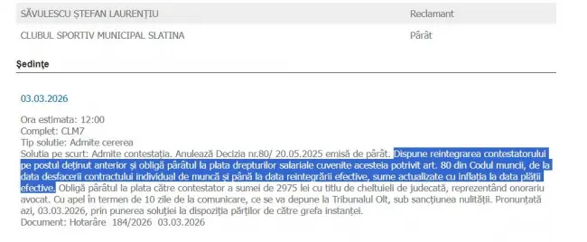 Foto CSM Slatina a pierdut procesul cu fostul director adjunct Săvulescu şi trebuie să-l repună în funcţie şi să-i plătească salariile din urmă