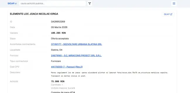 Foto Aproape 3 milioane de lei către același furnizor: achizițiile pentru locuri de joacă din Slatina ridică semne de întrebare 