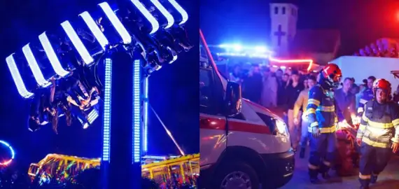 Foto Adolescenţi şi copii, blocați cu capul în jos într-un carusel din Caransebeş. Zece persoane au fost transportate la spital