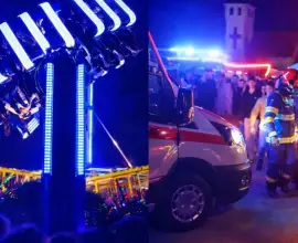Foto Adolescenţi şi copii, blocați cu capul în jos într-un carusel din Caransebeş. Zece persoane au fost transportate la spital