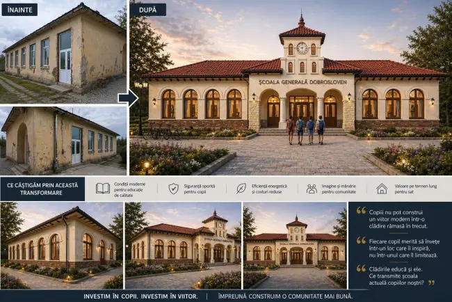 Foto  Bani europeni în pericol la Dobrosloveni: Școlile rămân nemodernizate din cauza consilierilor PNL, USR şi AUR