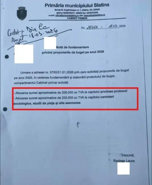 Foto Sfidare pe bani publici în Slatina: 100.000 de euro pentru protocol și sondaje (DOCUMENT)