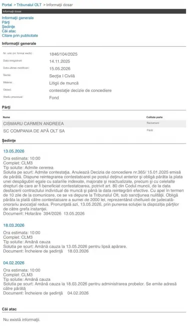 Foto Un nou proces pierdut de CAO: Angajată repusă în funcţie, compania obligată să-i plătească salariile din urmă „indexate, majorate şi reactualizate”