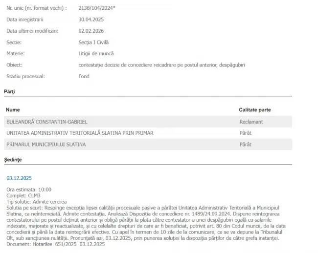 Foto Primăria Slatina, din nou bună de plată. Încă o concediere ilegală a lui De Mezzo, întoarsă de instanță