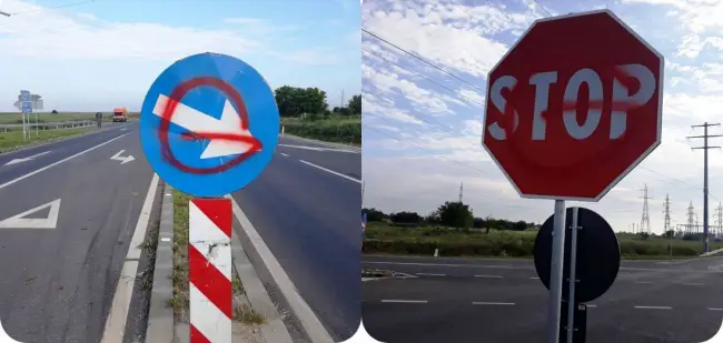 Foto FOTO. Indicatoarele rutiere de pe centura Caracalului, vandalizate. Poliţia îi caută pe suspecţi