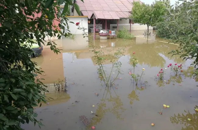 Foto FOTO&VIDEO. Gospodării inundate la Curtişoara. Pentru scoaterea apei s-a săpat în drumul judeţean