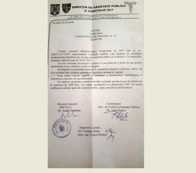 Foto Document oficial. Furnizorul de apă din Pleşoiu, amendat de DSP pentru depăşiri la bacterii şi nitriţi 