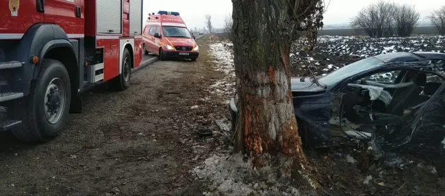 Foto FOTO&VIDEO. Doi răniți într-un accident, la ieșirea din Caracal spre Dobrosloveni. Un autoturism a intrat într-un pom