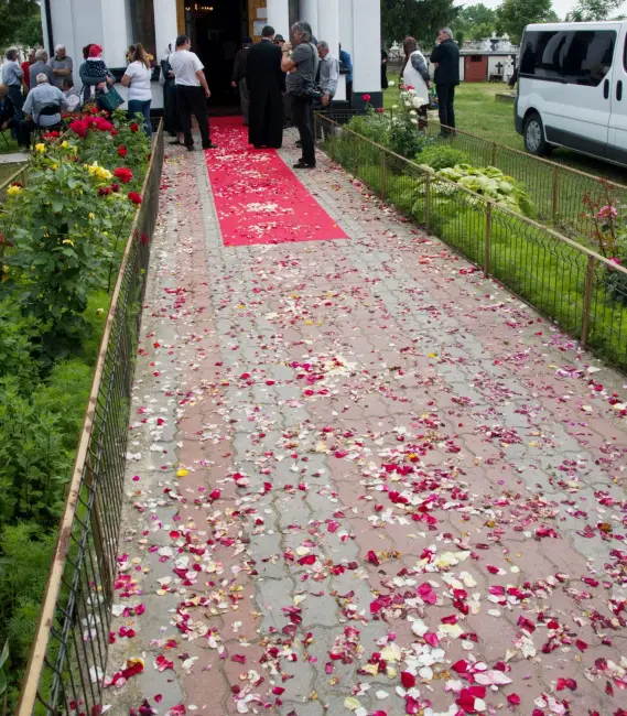 Foto OPULENŢĂ. Petale de trandafiri presărate în calea episcopului Slatinei, la Slătioara - FOTO