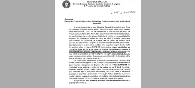 Foto DOCUMENT. Nu mai există medicamente pentru tratarea bolnavilor de COVID-19. Marius Oprescu: „Am primit o adresă oficială de la Ministerul Sănătăţii în care ne spune foarte clar că stocul de Tocilizumab, la nivel de ţară, este terminat”