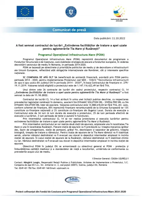 Foto Comunicat de presă semnare contract de lucrări „Extinderea facilităților de tratare a apei uzate pentru aglomerările Tia Mare și Rusănești”