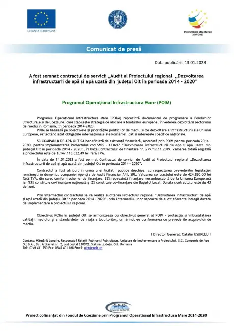 Foto Comunicat de presă - semnare contract de servicii „Audit al Proiectului regional „Dezvoltarea infrastructurii de apă şi apă uzată din judeţul Olt în perioada 2014 – 2020”