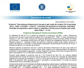 Foto Comunicat de presă - Proiectul “Dezvoltarea infrastructurii de apă și apă uzată din judeţul Olt în perioada 2014 - 2020” (cod SMIS – 133612) - Contractul de proiectare și execuţie „Extindere facilităţi de depozitare nămol tratat și reabilitare infrastruct