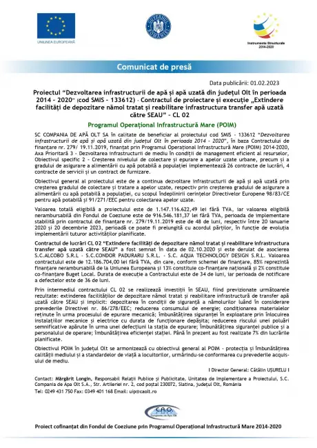 Foto Comunicat de presă - Proiectul “Dezvoltarea infrastructurii de apă și apă uzată din judeţul Olt în perioada 2014 - 2020” (cod SMIS – 133612) - Contractul de proiectare și execuţie „Extindere facilităţi de depozitare nămol tratat și reabilitare infrastruct