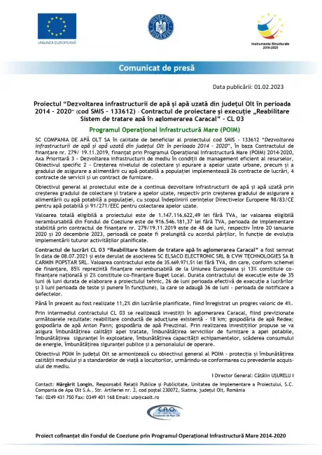 Foto Comunicat de presă - „Reabilitare Sistem de tratare apă în aglomerarea Caracal” – CL 03