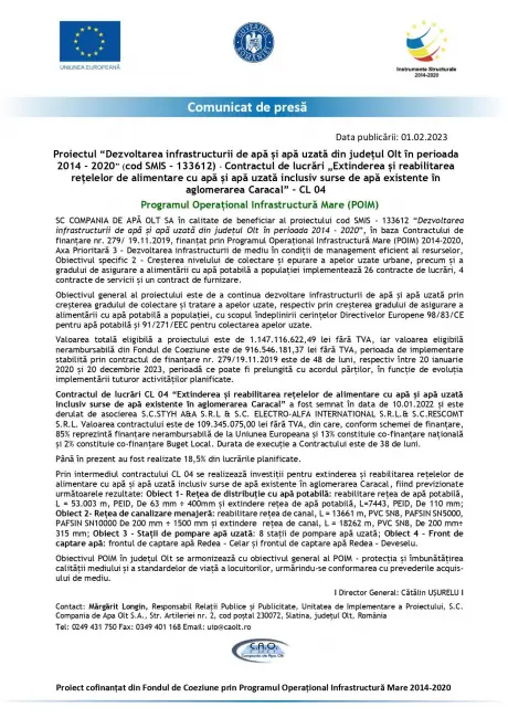 Foto Comunicat de presă - „Extinderea și reabilitarea reţelelor de alimentare cu apă și apă uzată inclusiv surse de apă existente în aglomerarea Caracal” – CL 04