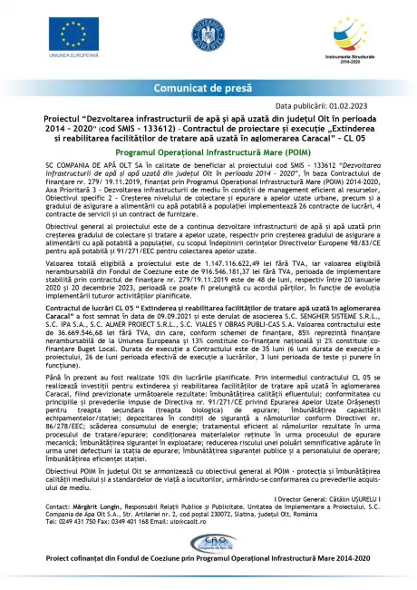 Foto Comunicat de presă - Contractul de proiectare și execuţie „Extinderea și reabilitarea facilităţilor de tratare apă uzată în aglomerarea Caracal” – CL 05
