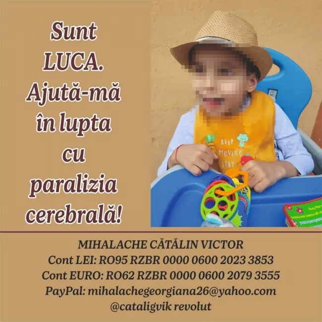 Foto Luca, copilul diagnosticat cu paralizie cerebrală, are în continuare nevoie de sprijin pentru a continua terapiile