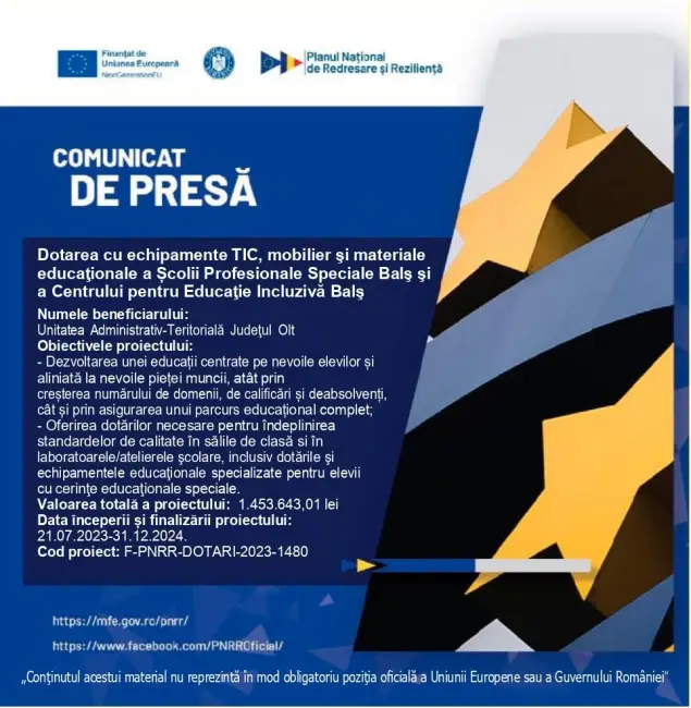 Foto Comunicat de presă începere proiect Dotarea cu echipamente TIC, mobilier şi materiale educaţionale a Şcolii Profesionale Speciale Balş şi a Centrului pentru Educaţie Incluzivă Balş