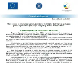 Foto Comunicat de presă semnare contract „Extinderea facilităților de tratare a apei uzate pentru aglomerările Șerbănești-Crimpoia și Bălteni-Perieți-Schitu”