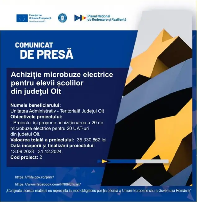 Foto Comunicat de presă începere Proiect „Achiziție microbuze electrice pentru elevii școlilor din județul Olt“