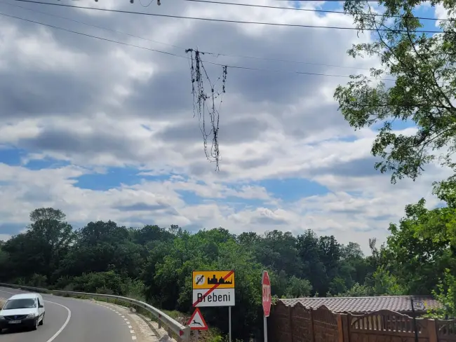 Foto Situaţie tragicomică, la Brebeni: Primăria a instalat, în 2022, ghirlande luminoase deasupra străzilor din localitate şi nu le-a mai dat jos niciodată (FOTO)