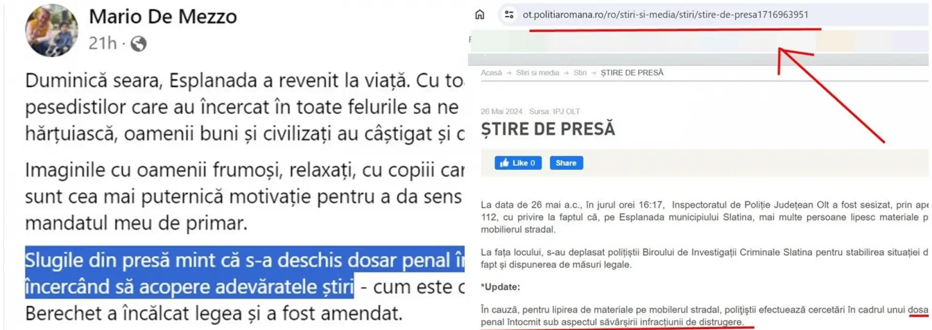 Foto O nouă minciună a candidatului PNL, amendat de poliţie pentru că a distrus Esplanada Slatina. DOCUMENT