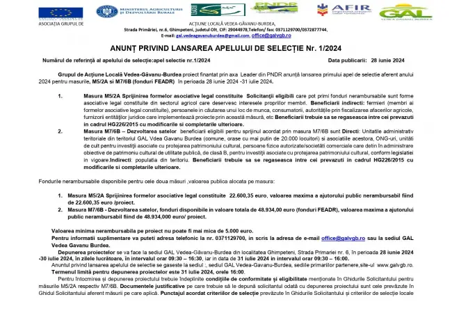 Foto ANUNȚ PRIVIND LANSAREA APELULUI DE SELECȚIE Nr. 1/2024