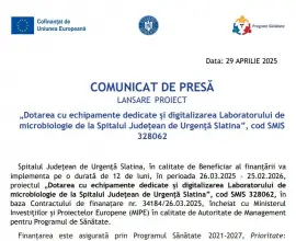 Foto Comunicat de presă  - Lansare Proiect „Dotarea cu echipamente dedicate şi digitalizarea Laboratorului de microbiologie de la Spitalul Judeţean de Urgenţă Slatina”