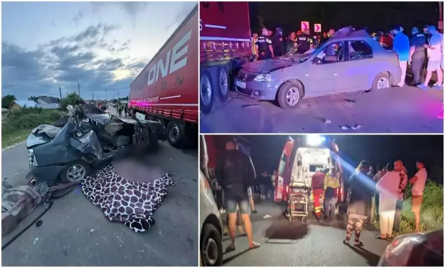 Foto Imagini dramatice cu un Logan care a intrat într-un TIR parcat pe marginea drumului. Doi tineri au murit, iar şoferul vinovat, fără permis, a fugit