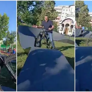 Foto Video viral: primarul De Mezzo cade cu bicicleta încercând să se joace cu copiii