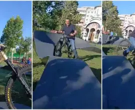 Foto Video viral: primarul De Mezzo cade cu bicicleta încercând să se joace cu copiii