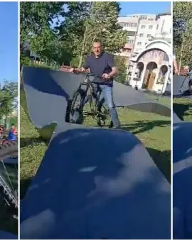 Foto Video viral: primarul De Mezzo cade cu bicicleta încercând să se joace cu copiii