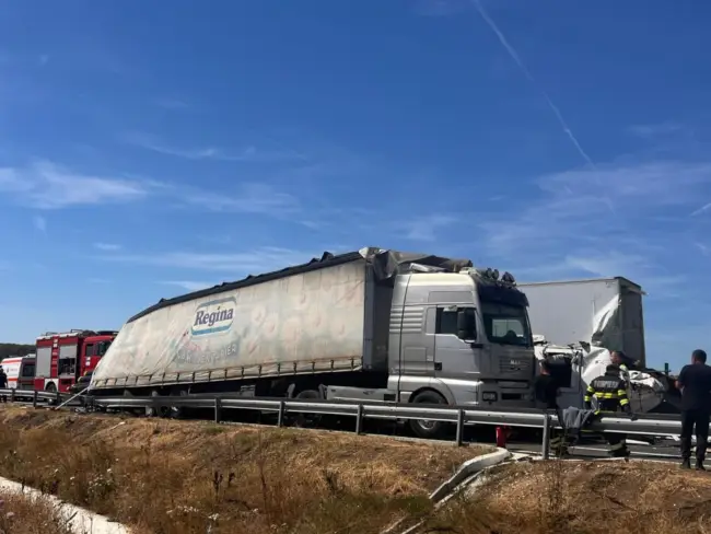 Foto FOTO. Trafic blocat pe DEx 12, în zona localităţii Negreni, după impactul între două TIR-uri